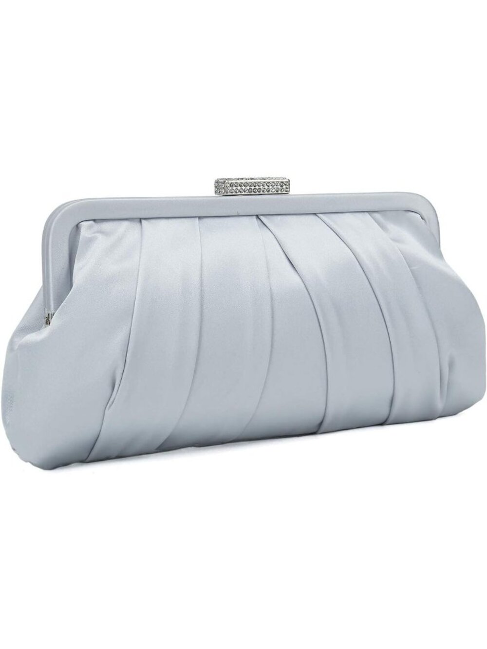 Women's Silver Classic Pleated Satin Clutch Purse Diamante Formal Evening Bag